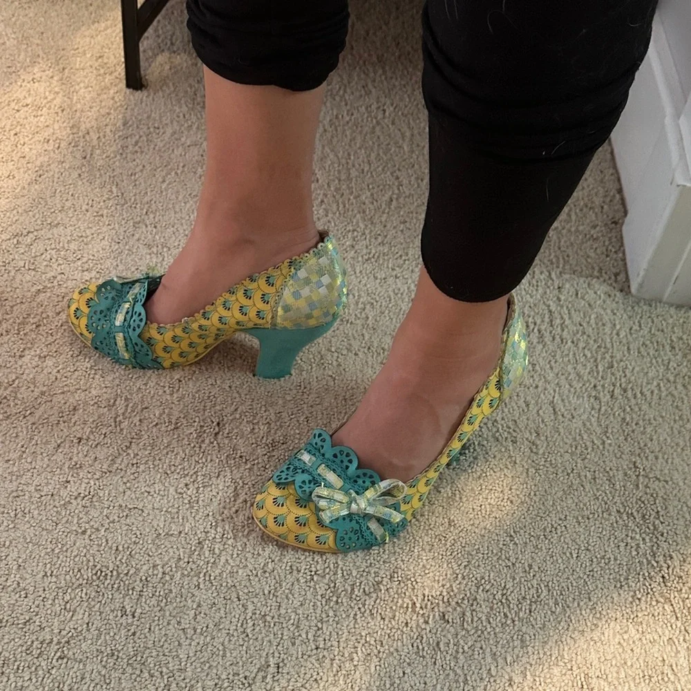 Irregular Choice Yellow and Teal Heels with Bow - Picture 11 of 11